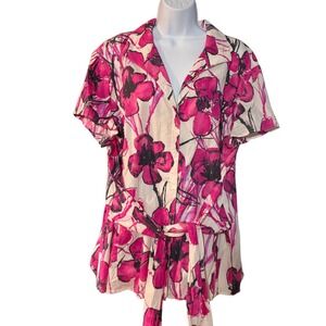 Lafayette 148 New York Pink Floral Cotton Belted Button Down Blouse Plus Size 24